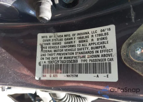 2016 Honda Civic Ex из США, поврежденный, VIN 19XFC2F76GE050369